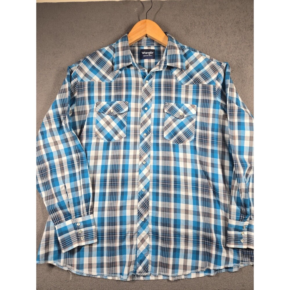 Wrangler Mens Short Sleeve Western Pearl Snap Shirt 2XL XXL Blue Rodeo Plaid - Picture 2 of 16